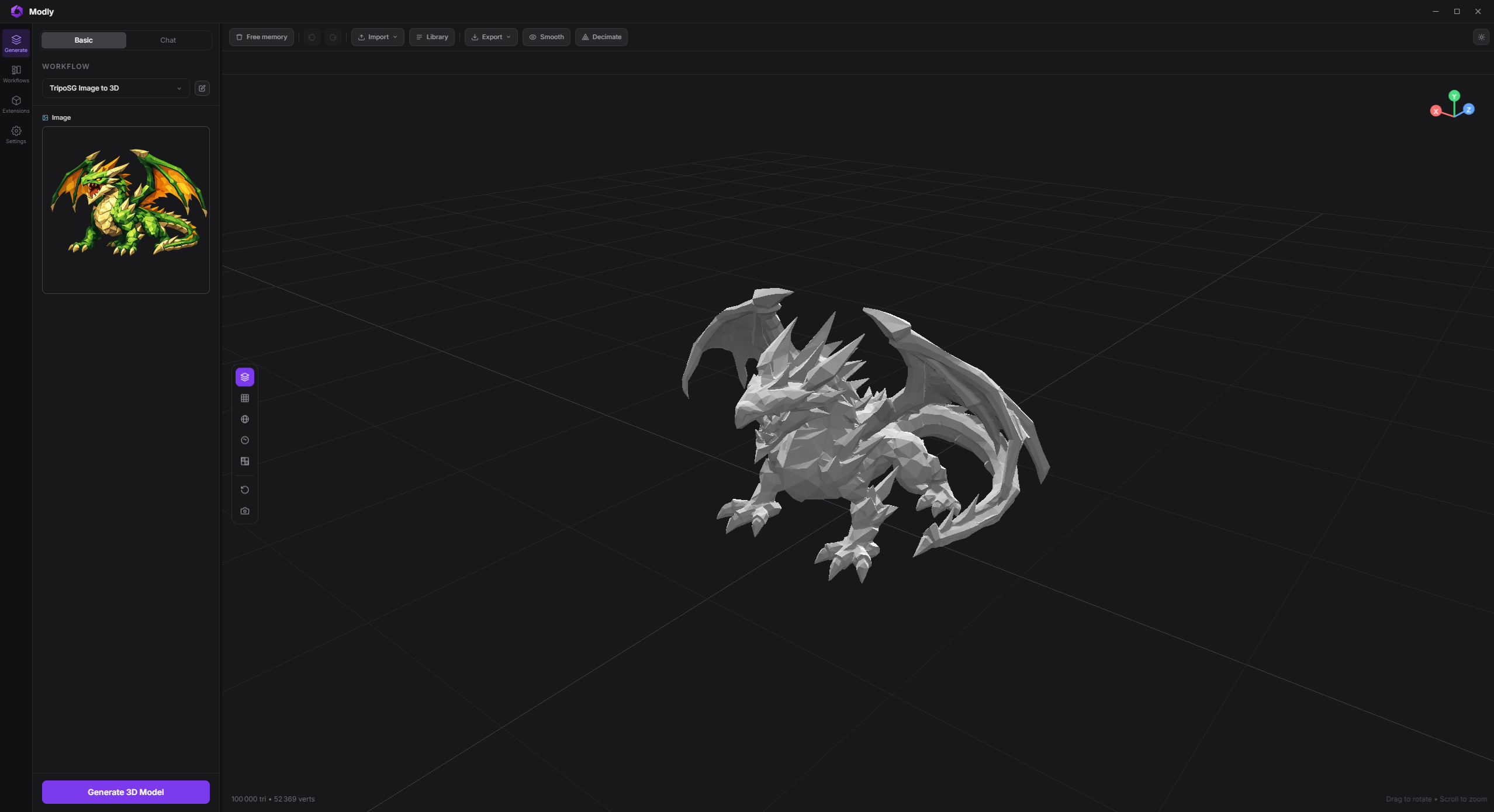 Modly 3D app screenshot reviewed by Firethering: the local AI image-to-3D model generator interface on Windows